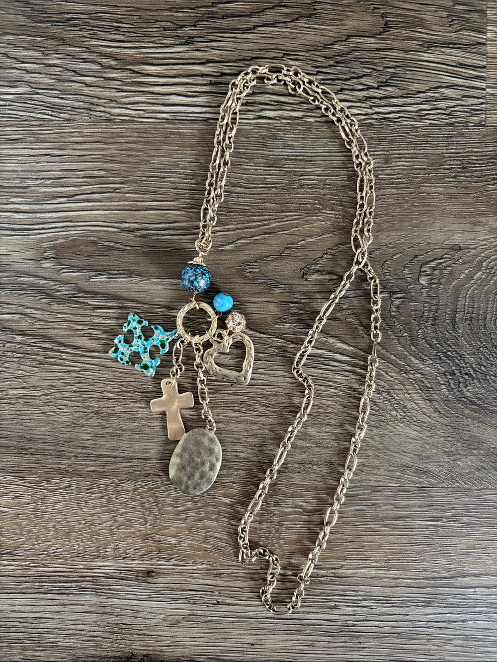 Gold-Tone Charm Pendant Necklace with Turquoise Accents